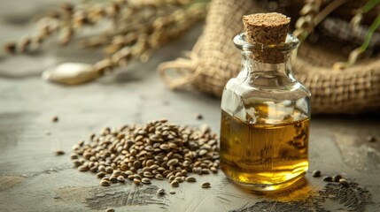 Poster - hemp seed essential oil. Selective focus
