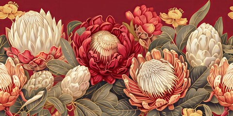 Wall Mural - Vintage red african seamless pattern. Tropical flowers background. Banksia, protea line . illustration