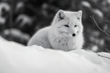 a lone arctic white fox sitting on top of snow covered ground