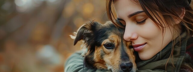 Wall Mural - close-up of a girl hugging a dog. Selective focus