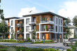 © sommersby - Architectural illustration of a modern two story apartment building with multiple windows, balconies, and a flat roof