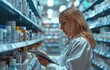 © tongpatong - Pharmacist reading information on a tablet computer in the drugstore while holding it in her hand