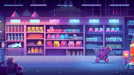 Poster - Illustration of a night closed toy store room in a game. Purple baby shop furniture with shelf, rocket, ufo, plane. A car cart for kids in a supermarket. A table and chair to give to the child.