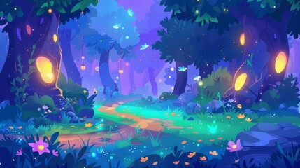 Wall Mural - Animated fantasy forest game landscape modern illustration. Sweet summer garden path with flowers and fireflies. Beautiful picturesque woodland scene.