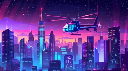Wall Mural - Modern cartoon illustration depicting a night cityscape with skyscrapers and helicopters on top. Illustration of modern city illumination, tall buildings with many windows, and stars shining in the