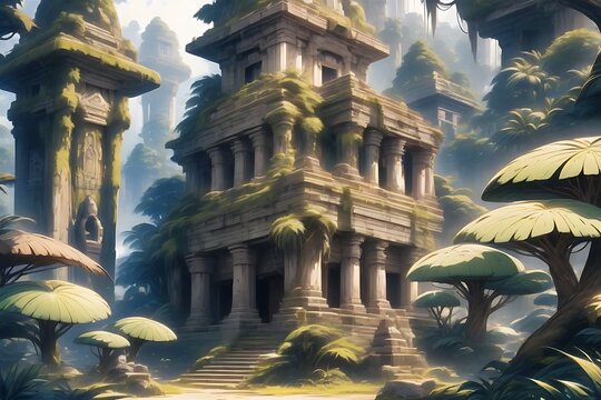 A lush jungle temple overrun by lush vegetation and inhabited by ancient guardians, with crumbling stone structures adorned with intricate carvings.