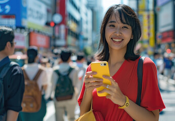 Canvas Print - Japanese woman in a red shirt smiling while holding a yellow smartphone, on a busy city street background with people walking around