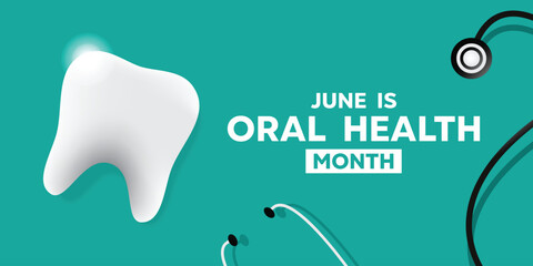 June is Oral Health Month. Great for cards, banners, posters, social media and more. Light blue background.