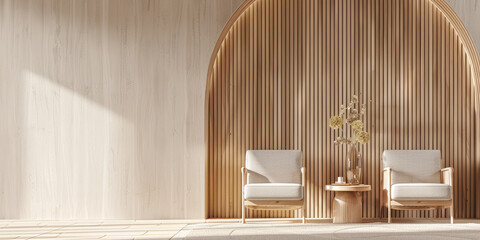 A minimalist interior wall with an arched wooden window and two rattan chairs, featuring a white background and wood grain elements. 