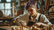 © Alberto Retouch - Young Woman Carving Wood with Short Purple Hair