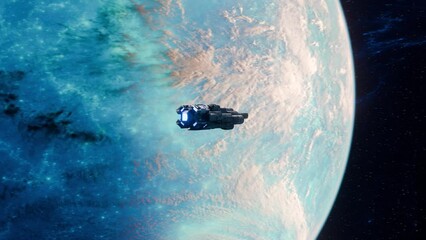 Wall Mural - spaceship above a unkown planet in deep space