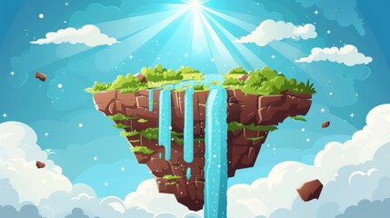 Poster - Cartoon illustration of rocky island in heavenly cloudscape with waterfall falling from cascade, adventure travel game platform with sunlight flares.