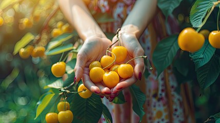 Wall Mural - Harvest in the hands of a woman in the garden. Selective focus.