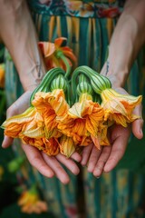 Wall Mural - flowers zucchini in the hands of a woman in the garden. Selective focus.