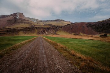 Wall Mural - Icelandic empty dirt road between grass and mountains in the background