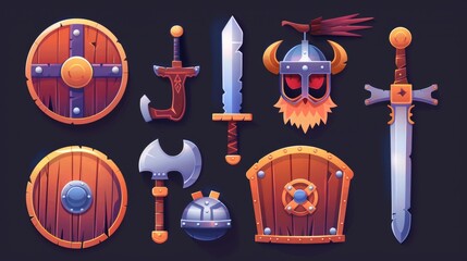 Canvas Print - UI design elements for Viking game assets set isolated on black background. Illustrations include ancient sword, wooden shield, fur helmet with horns, and sail with Scandinavian symbol.