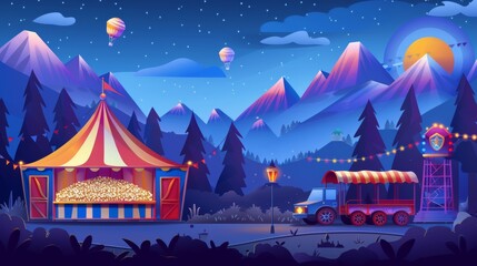 Animated cartoon modern illustration of an outdoor theater and fun fair with a circus tent and popcorn stall in a forest near mountains. Amusement park with path to the entertainment.