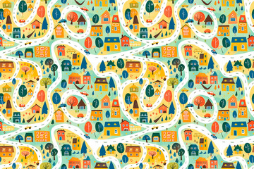 Colorful village houses and trees on light background seamless pattern