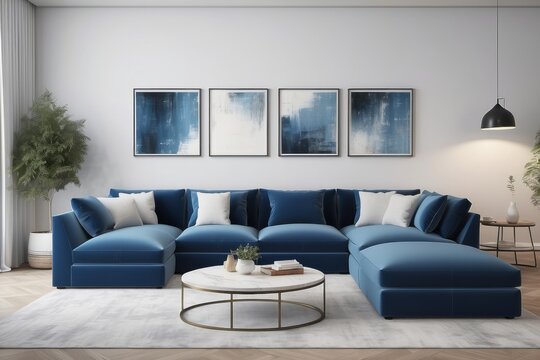 Living Room Design With U Shaped Blue Sofa Set