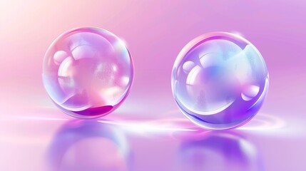 Wall Mural - The transparent soap ball has pink and purple iridescent reflections. 3D modern illustration set of rainbow water spheres and shampoo foams.