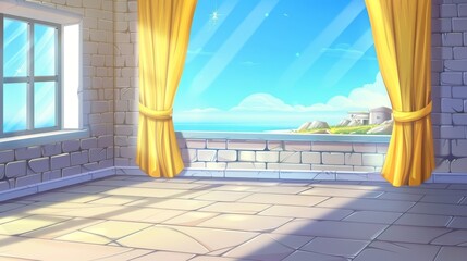Wall Mural - Background of an empty room, with a light apartment interior with brick wall decoration, tiles, and a yellow curtain on a window. The space can be used as an office, kitchen, or studio. Cartoon