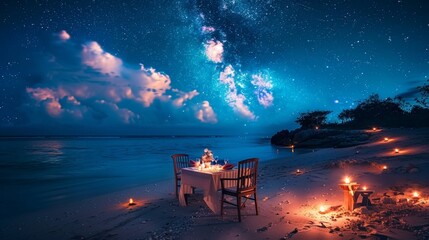 Sticker - Amazing beach dinner setting under Milky Ways night sky. Luxury destination dining, honeymoon or anniversary dinner, flowers and candles for the best romantic experience. Stunning colorful outdoors
