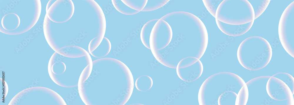 Soap bubbles on wide background in blue pastel colors. Realistic 3d ...