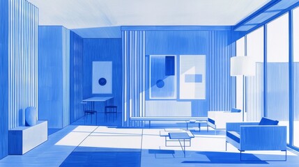 Wall Mural - Modern Living Room in Monochrome Blue Hues with Abstract Artwork Decor