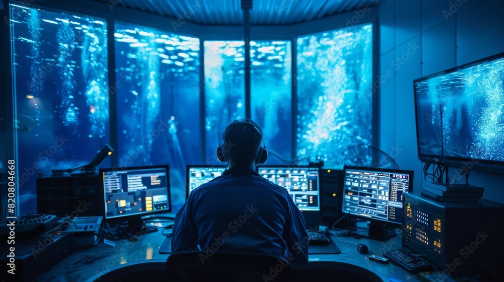 Engineer in a control room overseeing the underwater installation of ...