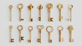 Fototapeta Storczyk - Aesthetic set of 3d different golden old vintage door keys on white clean background, minimalism concept. Generative AI