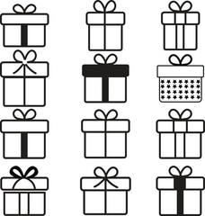 Wall Mural - Set of Gift boxes with ribbon icons in Black line styles. Gift wrapping, Surprising gift boxes simple trendy symbols signs with editable stock for apps and websites isolated on transparent background.