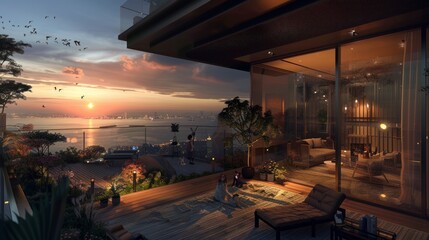 Wall Mural - A photography of apartment at istanbul , dark and warm atmosphere, 8 floor, sunset and sea view