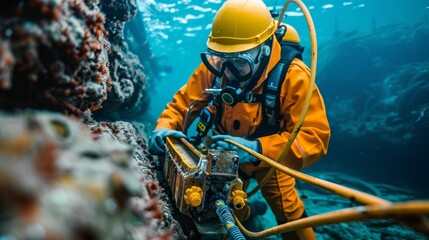 Wall Mural - Engineer using advanced equipment to lay fiber optic cables underwater