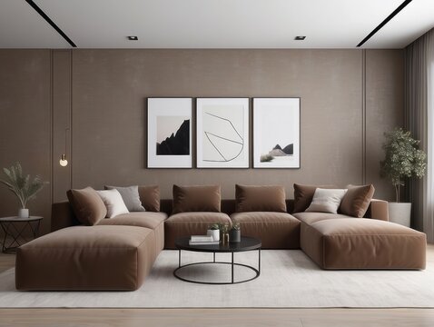Modern Living Room Design With U Shaped Brown Sofa Set
