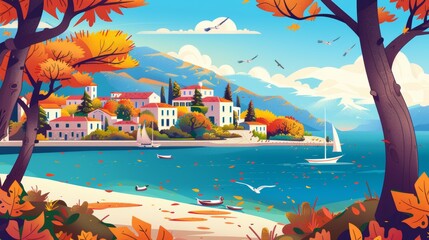 Wall Mural - Mediterranean autumn landscape with city on island in harbor, trees with orange leaves, mountains on horizon, modern illustration. Modern illustration of fall scene with forest and town on lake