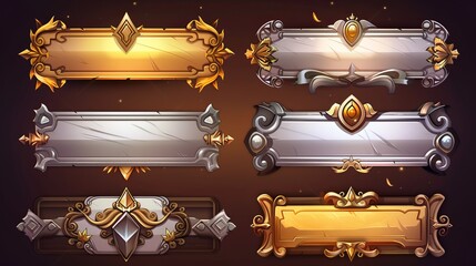 Wall Mural - The game buttons are made of silver and gold with fantasy frames in medieval style. Set of empty banners with decorative borders.