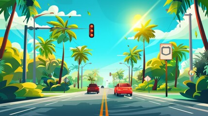 Wall Mural - Cartoon modern illustration of four-lane speed highway, cars riding straight under blue sky, traffic signs on light poles, and palm trees and tropical landscape. Vacation travel illustration.