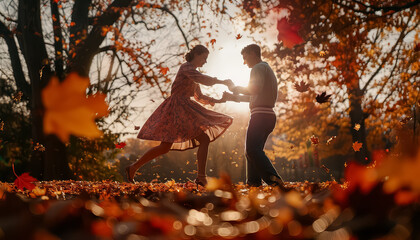 Canvas Print - A couple dancing in the fall leaves