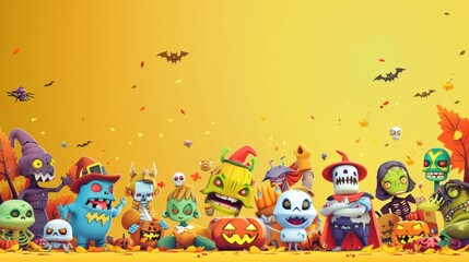 Wall Mural - The Monster Party landing page template features a funny illustration of zombies, aliens, and supernatural characters standing, flying on a yellow background. Modern illustration for Halloween