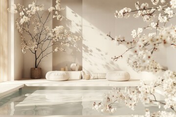 A serene room with a refreshing pool and a beautiful tree adorned with white flowers. Perfect for spa or relaxation-themed designs