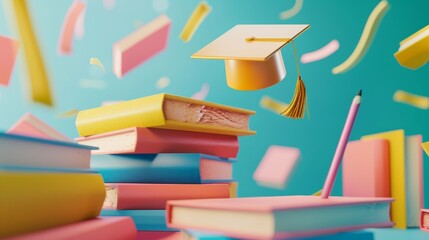 Wall Mural - Illustration of a student's graduation cap on a stack of books. Academic tuition, flying mortarboard, books, pencils, pens and pens, 3D render.