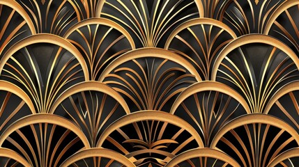 Art deco luxury pattern with geometric arches and swirls, linear retro ornament, golden vintage artistic design in vector format, close-up view
