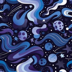 Wall Mural - Cosmic Dreamscape: A Starry, Swirling Galaxy and Planet Pattern
