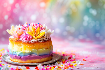 Sticker - A colourful rainbow cake, which is made of multiple sponge layers that are dyed different colours, using food dye.