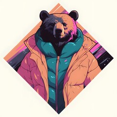 Vector logo, e-sport gamer style bear mascot in oversized jacket illustration, on isolated background.