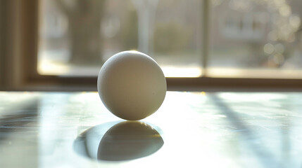 Wall Mural - A perfectly round white egg resting on a reflective glass surface under natural sunlight.