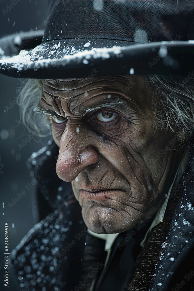 Portrait of Ebenezer Scrooge from Charles Dickens' A Christmas Carol, Wearing a Black Hat with Snow Falling Around Him Stock Photo | Adobe Stock