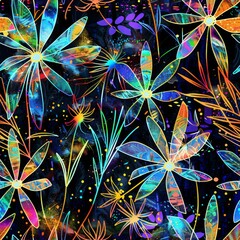 Wall Mural - Vibrant Cosmic Floral Pattern on a Dark Background