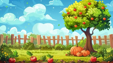 Wall Mural - A cartoon fruit and vegetable garden with apple trees, pumpkins, and rootbeets in a backyard surrounded by wood fences. A farming game background.