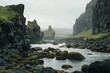 © ADDICTIVE STOCK - Picturesque river landscape with dramatic cliffs and mossy rocks. Generative AI image